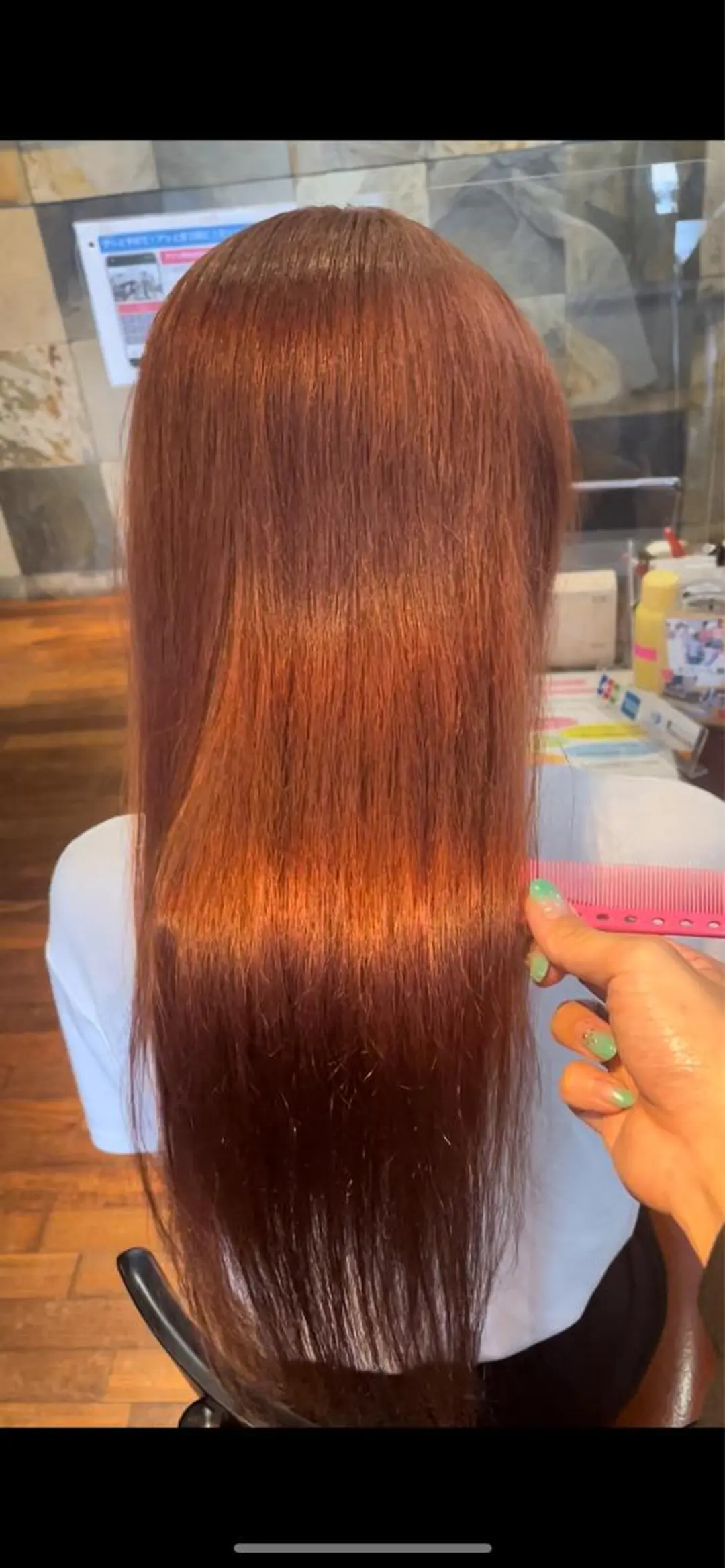 ロング カラー パーマ ブリーチ オレンジ ピンクカラー 髪質改善 トリートメント 福見 美保のヘアスタイル