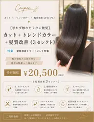 【思わず触れたくなる艶髪】カット+トレンドカラー+髪質改善《3セレクト》