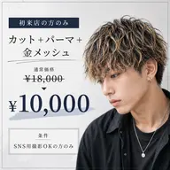 【先着1名様限定‼️】カット+メンズパーマ(種類何でも⭕️)+金メッシュ ハイライト 通常¥18000→¥10000