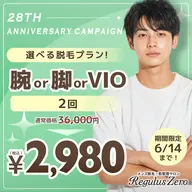 28周年記念キャンペーン! 脚or腕orVIOの脱毛2回が、今なら2,980円!