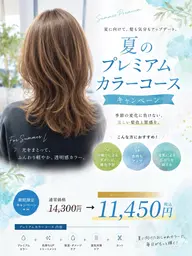 夏のプレミアムカラーコース(デザインカット+プレミアムカラー+潤艶ダメージ改善トリートメント)