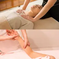 大人気！【首肩こり、浅い眠りに自律神経ケア】デコルテ×ハンドマッサージ×足つぼ×膝上リンパ60分（足湯付）