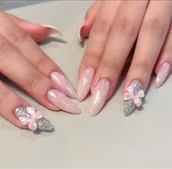 【チップ長さ出し付き】 💫 ミラーワンカラーネイル·2色🉑リボンパーツ二つ付き¥7700