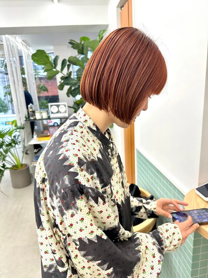 ショート カラー ブリーチ ケアブリーチ オレンジ ピンクカラー ヘアカラー トリートメント ボブ/レイヤー/ケア パーマ/リュウタのヘアスタイル