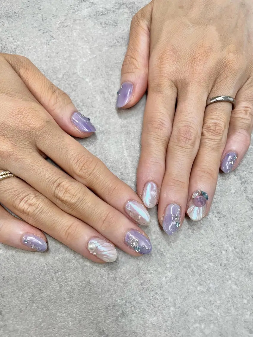 ネイル オーロラネイル ミラーネイル パープル ハンドネイル ハンドケア FASTNAIL PLUS 新宿店のネイルデザイン