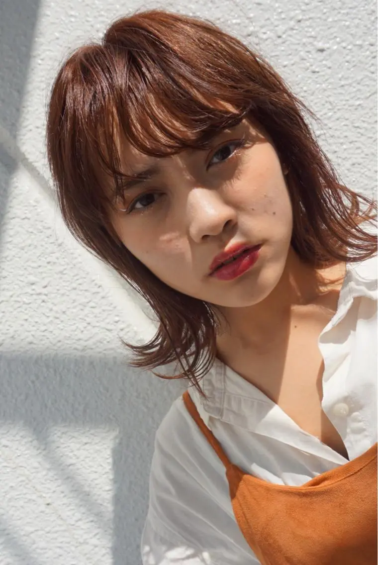 ミディアム カラー パーマ ボルドーカラー オレンジ レッドカラー ボブ 小顔カット 美艶ボブ イシイのヘアスタイル
