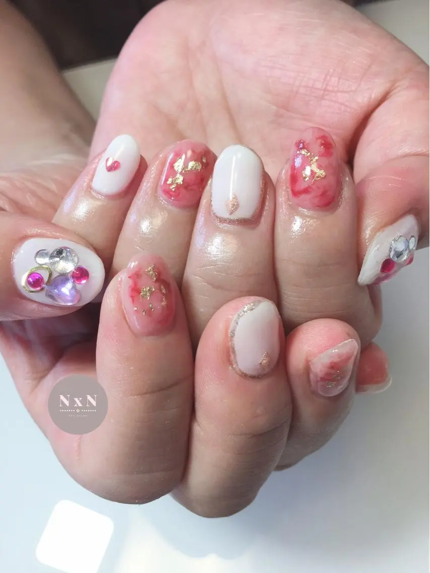 ネイル べっ甲ネイル ジェルネイル ハート ぷっくりネイル 赤色 ハンドネイル nail salon N×Nのネイルデザイン