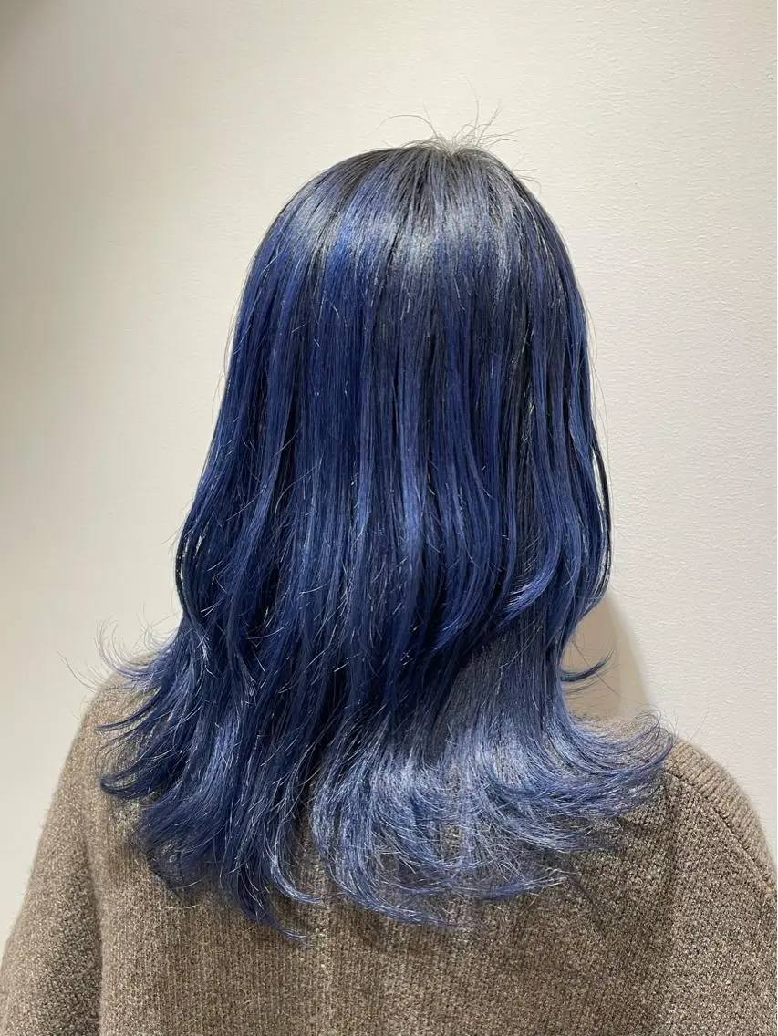 セミロング カラー バレイヤージュ 黒髪 ブリーチ ブルーカラー ブルーブラック カット ヘアカラー 新宿御苑前/新宿 Ryuseiのヘアスタイル