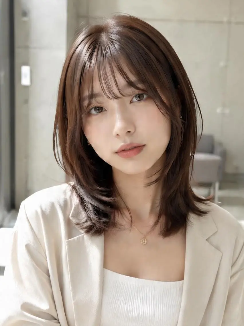 ミディアム カラー 切りっぱなしボブ ミディアムレイヤー グレージュ ボブ 髪質改善 切りっぱなしボブ/ 透明感カラー/うらんのヘアスタイル