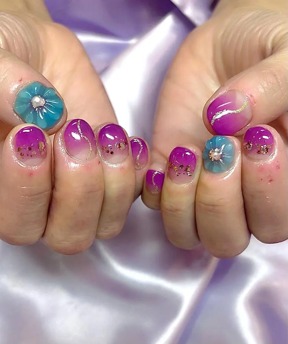 ネイル フラワーネイル グラデーション キラキラネイル ぷっくりネイル 春ネイル ハンドネイル Para Sol nail　Maoのネイルデザイン