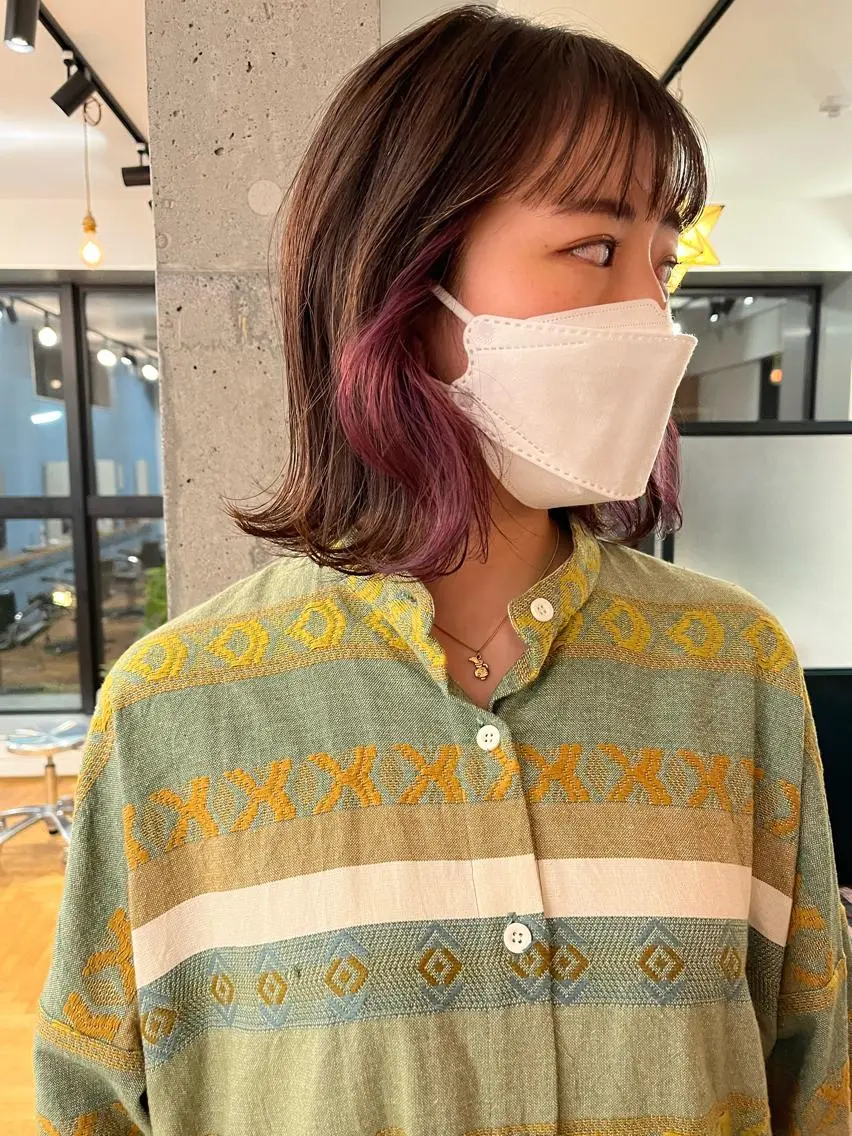 ミディアム カラー ブリーチ 顔周りカット 暖色/パーマ 🌼クニトウメイのヘアスタイル