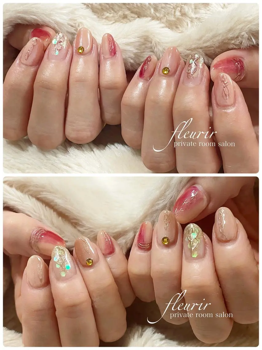 ネイル アートネイル ゴールド ミラーネイル ピンク フルリール 【プライベートサロンのネイルデザイン