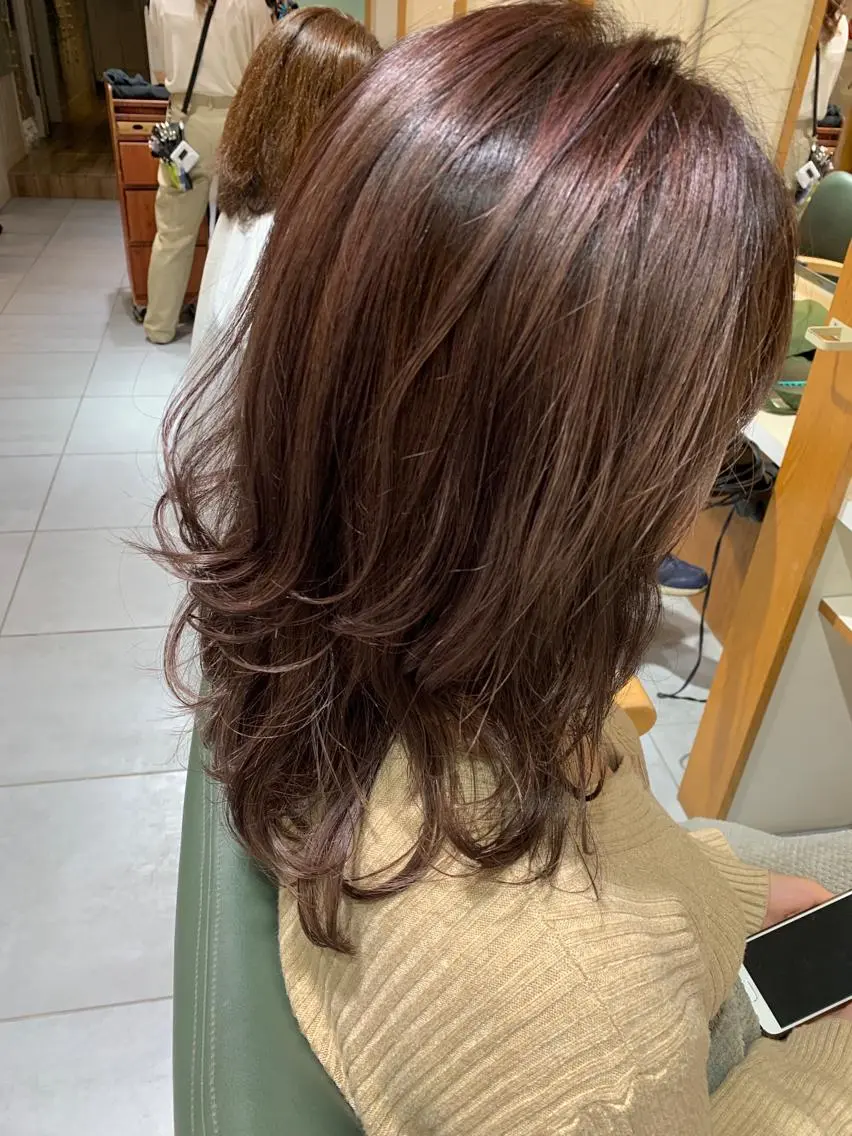 ミディアム カラー パーマ ヘアアレンジ ブラウンカラー ハイライトカラー ピンクカラー ピンクブラウン ハイライト fukuyasu rikaのネイルデザイン