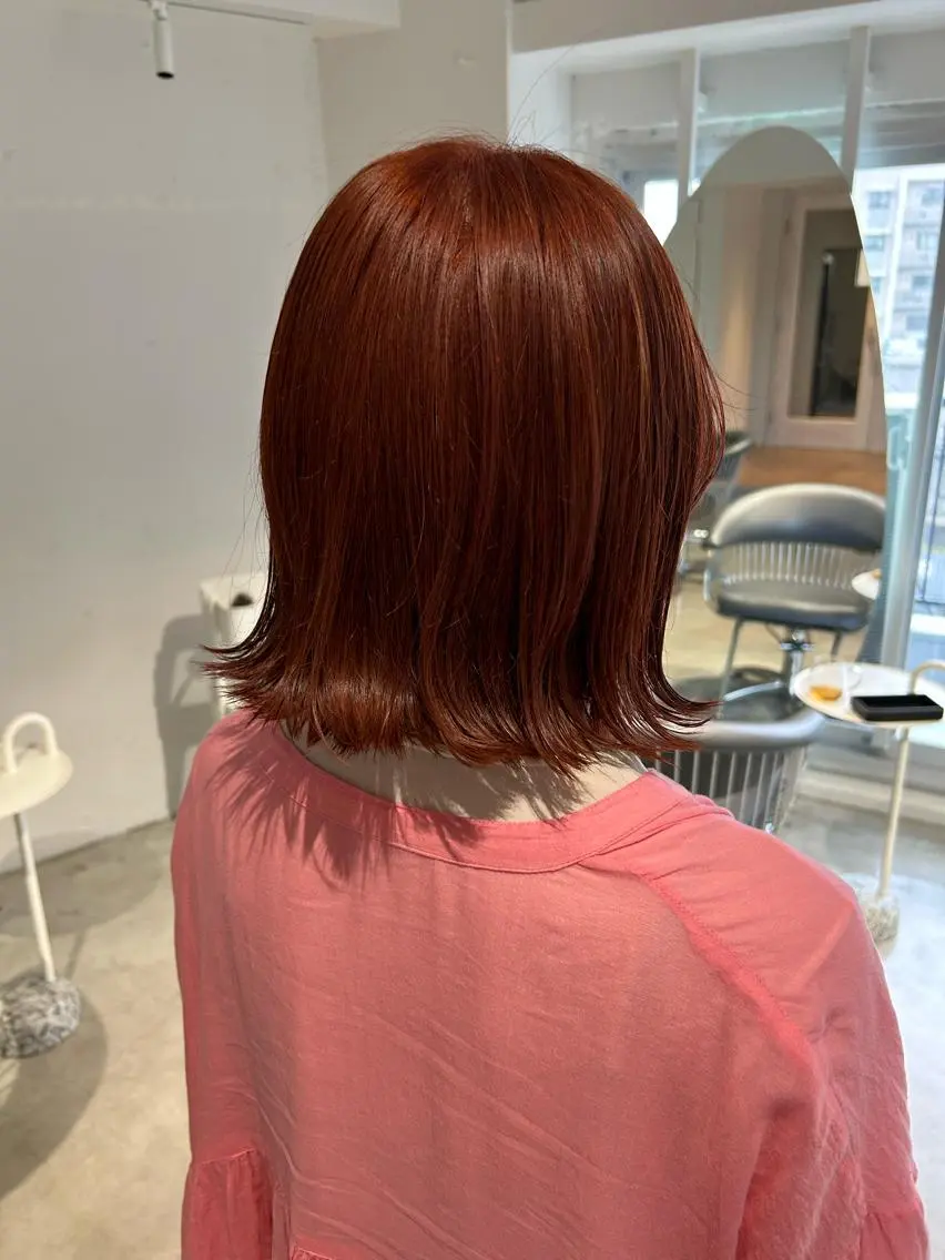 ミディアム カラー ブリーチ ブリーチなしカラー オレンジ ピンクカラー *UNU* RICOのヘアスタイル