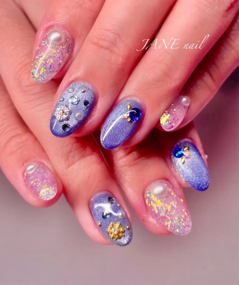 ネイル フットネイル キラキラネイル マグネットネイル ネイビー 冬ネイル ハンドネイル Nail Salon JANEのネイルデザイン
