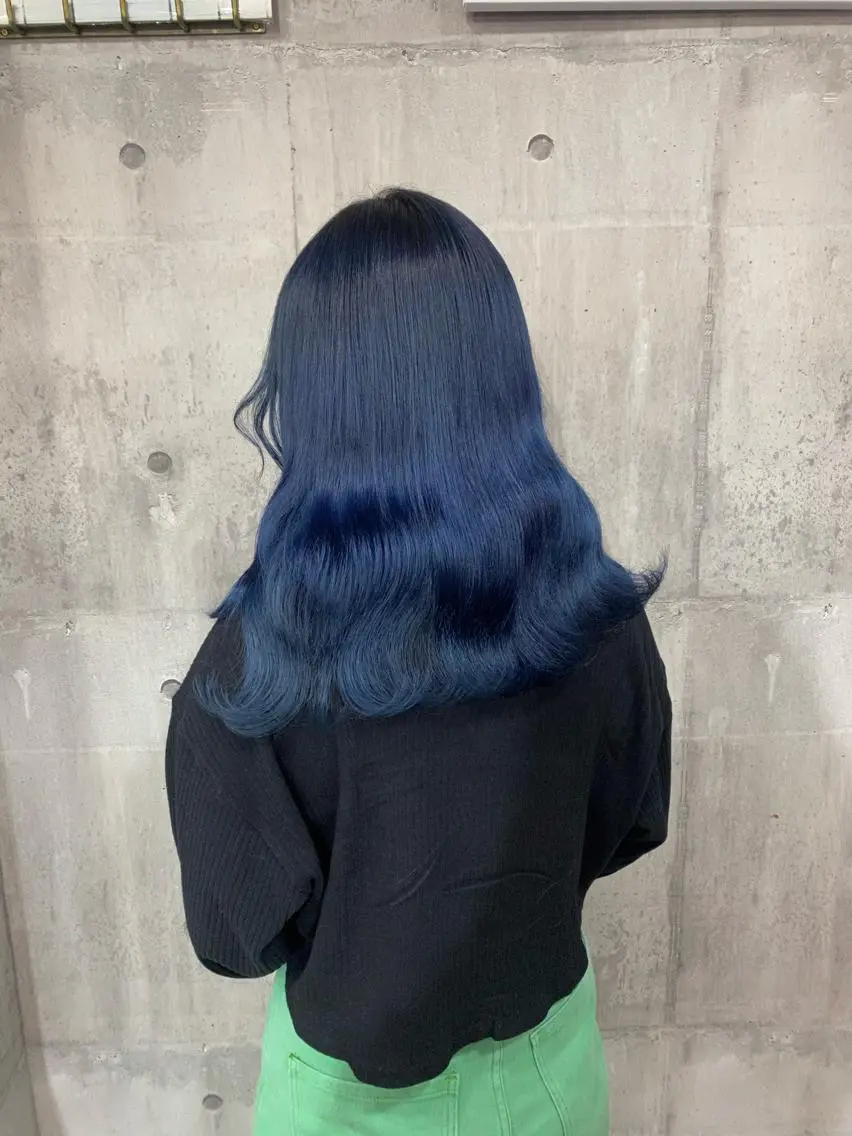 セミロング カラー シールエクステ 黒髪 ブリーチ ブルーカラー ブルーブラック ヘアカラー SHURI❤️🔥 中/韓mix ♡のヘアスタイル
