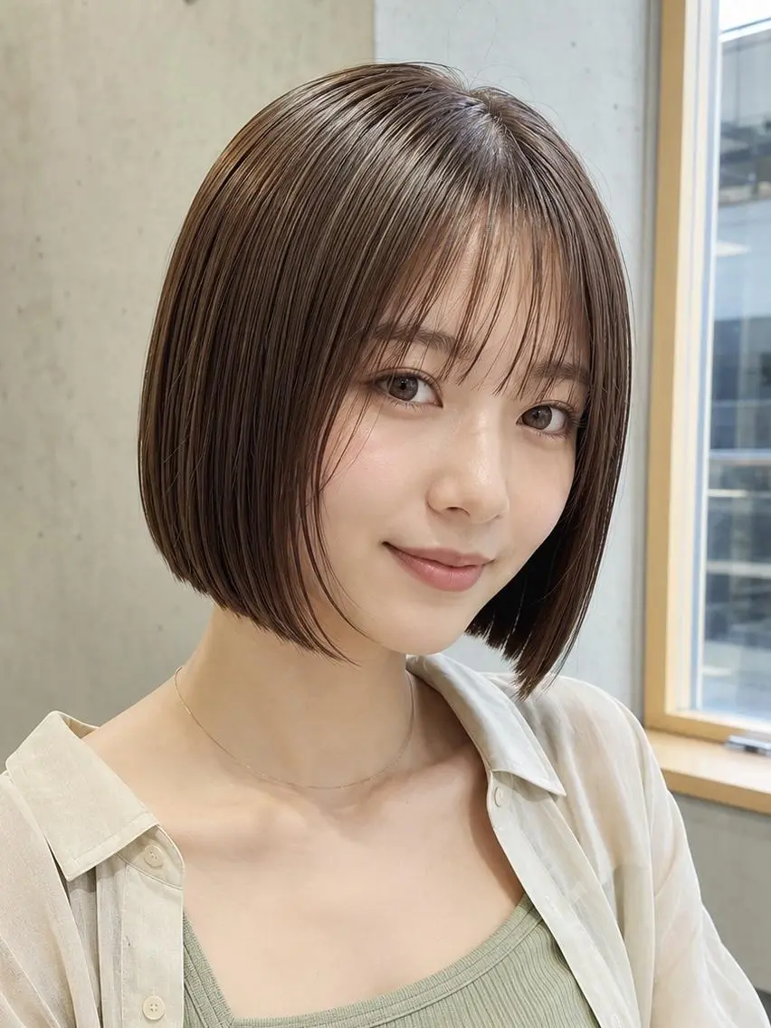 ミディアム カラー 切りっぱなしボブ ミディアムレイヤー グレージュ ボブ 髪質改善 切りっぱなしボブ/ 透明感カラー/うらんのヘアスタイル