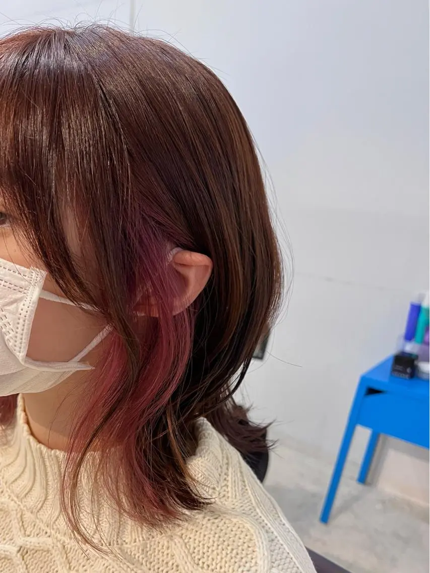 ミディアム カラー ブラウンカラー デザインカラー インナーカラー ピンクカラー ピンクブラウン 🤍中野 レオ🤍のヘアスタイル