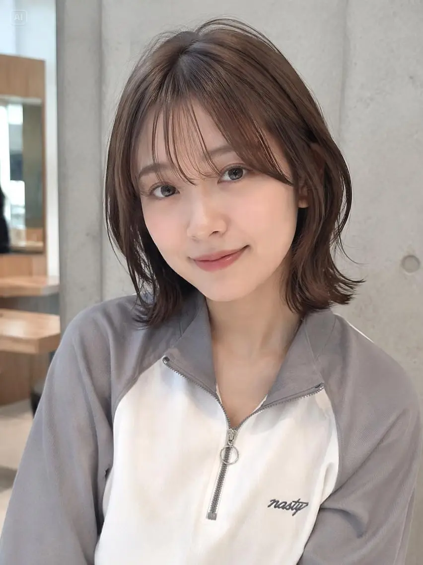 ミディアム カラー 切りっぱなしボブ ミディアムレイヤー グレージュ ボブ 髪質改善 切りっぱなしボブ/ 透明感カラー/うらんのヘアスタイル
