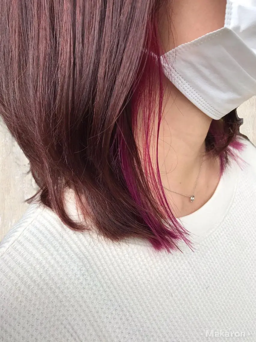 ミディアム カラー アッシュ デザインカラー インナーカラー ピンクカラー ピンクパープル hair works raptureのヘアスタイル