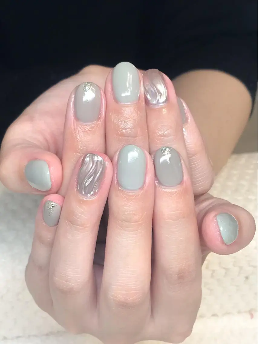 ネイル ブルー ジェルネイル オフィスネイル シルバー シンプルネイル Nyanco Nailのネイルデザイン