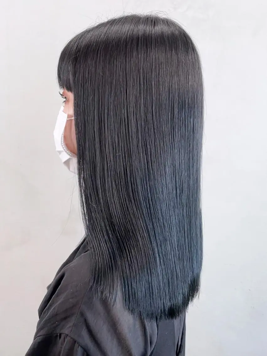 セミロング ヘアアレンジ パーマ カラー 黒髪 ブルーカラー ブルーブラック ITbyALBUM 中野店のヘアスタイル