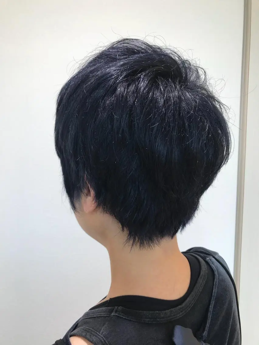 ショート カラー ネイビーカラー 清藤綾/脱白髪染め 白髪ぼかしハイライトのヘアスタイル