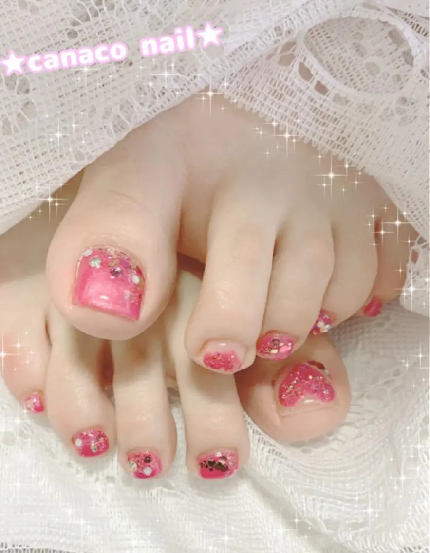 ネイル フットネイル ハート キラキラネイル ピンク ベテランネイル cnc  nailのネイルデザイン