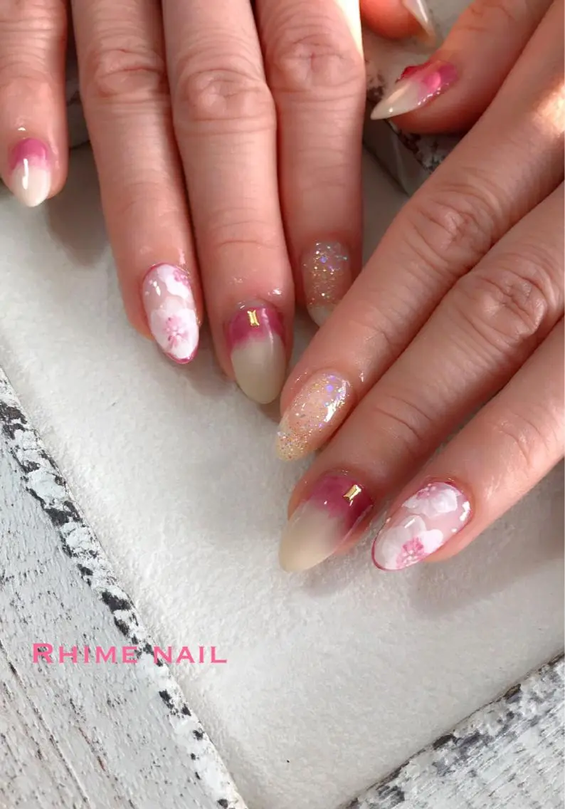 ネイル アートネイル 桜ネイル フラワーネイル グラデーション 春ネイル Rhime nail ライムネイルのネイルデザイン