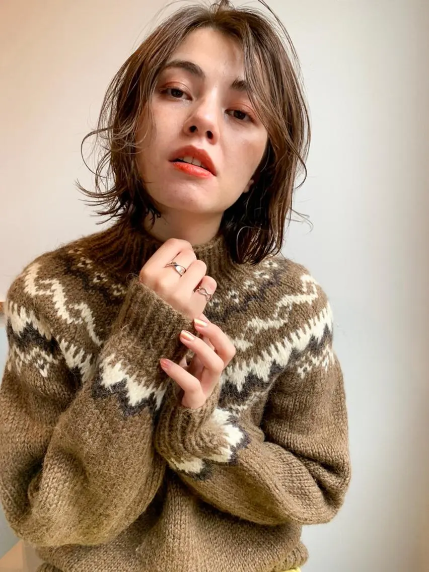 ミディアム パーマ カラー ショートボブ ミディアムパーマ アディクシーカラー ブリーチ ケアブリーチ ヘアカラー トリートメント CEINE OURのヘアスタイル