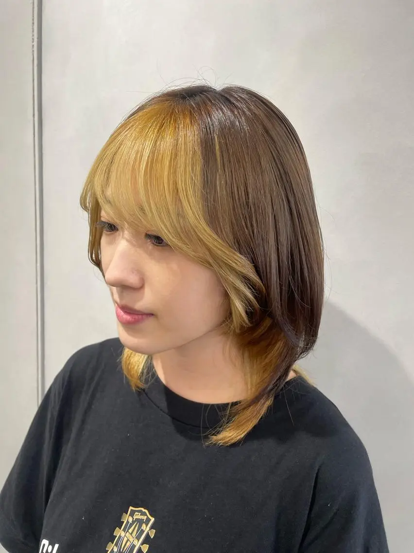 ミディアム ミストバング カット ヘアカラー トリートメント 透明感カラー✨艶髪 制作🌱山根あゆみのヘアスタイル