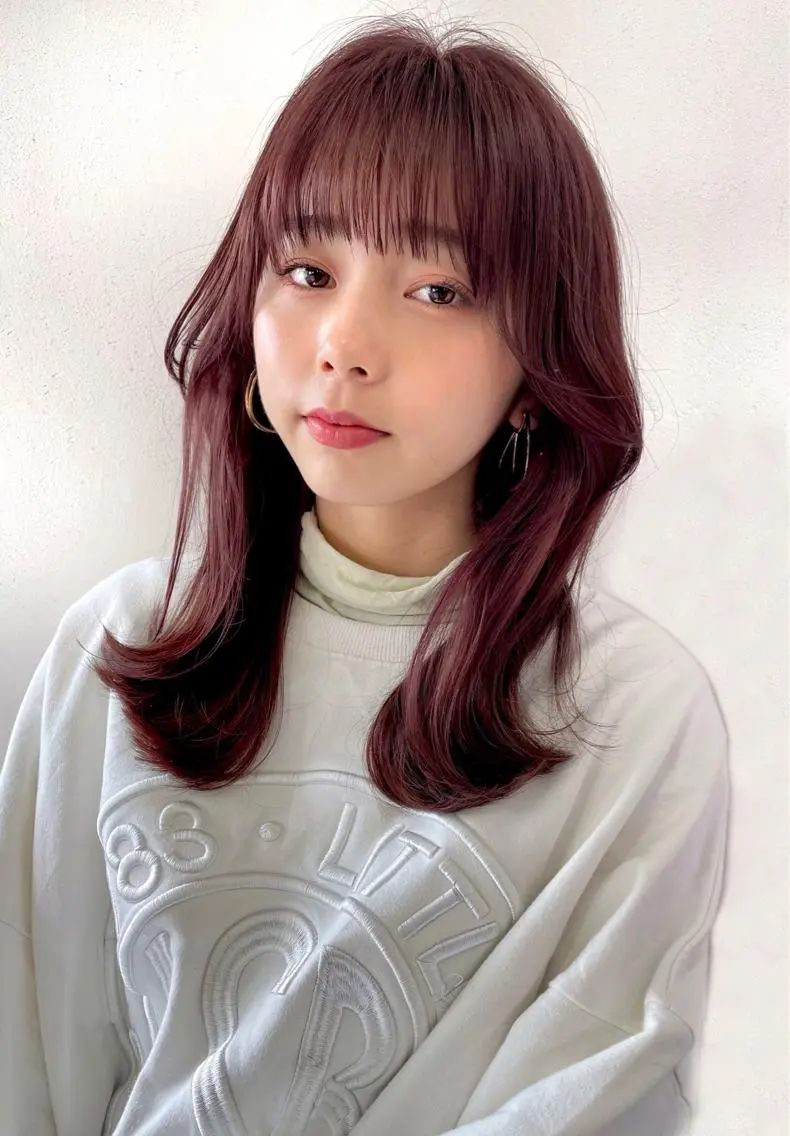 セミロング カラー ブラウンカラー ピンクカラー ピンクブラウン バイオレットカラー くびれヘア 【韓国ヘア×透明感 カラー】笹谷 莉未のヘアスタイル