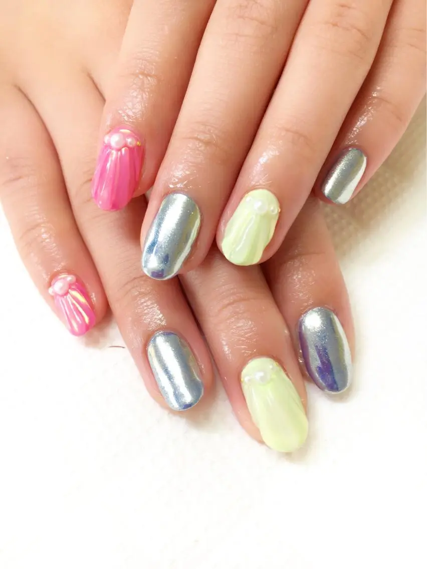 ネイル フットネイル ジェルネイル ミラーネイル パラジェル 夏ネイル clover nailのネイルデザイン