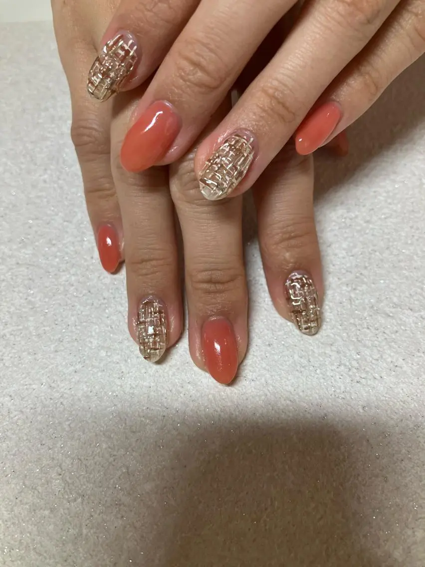 ネイル オレンジ ツイードネイル m'sNail 福岡西区 ネイルのネイルデザイン