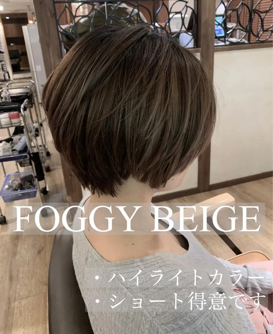 ショート カラー ベージュカラー 透明感カラー フォギーベージュ ハイライトカラー ハイライト 田村和範/似合わせ カラー/髪質改善のヘアスタイル
