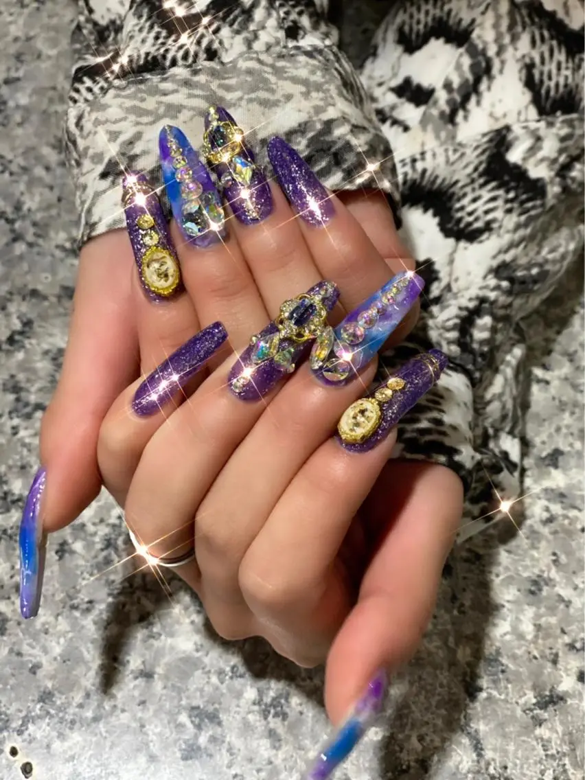 ネイル ブルー ロングネイル パープル スカルプネイル ハンドネイル * haruのネイルデザイン