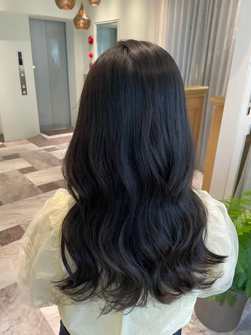 カラー ベージュカラー 黒髪 ブリーチ ブルーカラー ブルーブラック ヘアカラー 木屋元一/透明感 /前髪/レイヤーのヘアスタイル