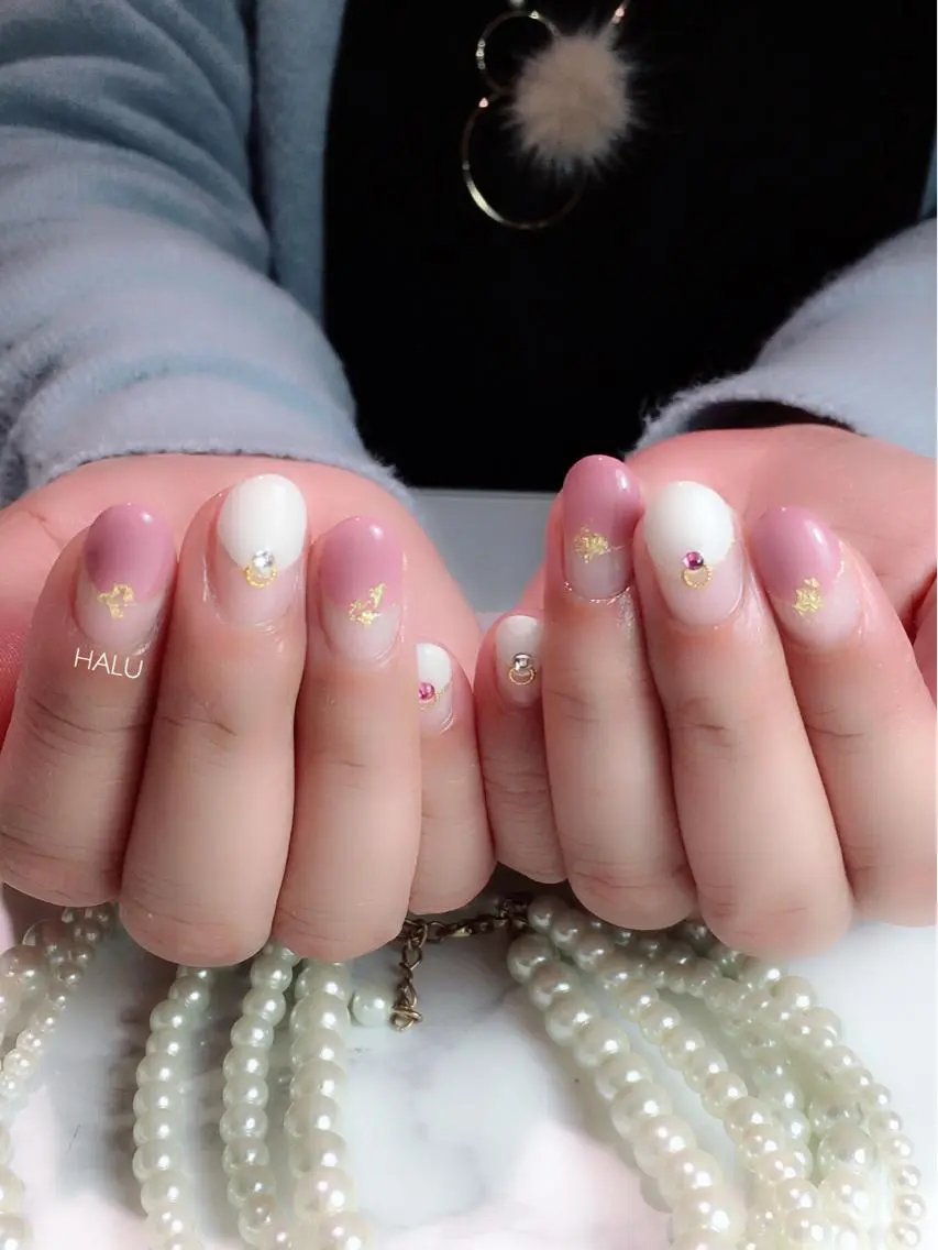 ネイル ブルー フレンチネイル ピンク 春ネイル ホワイト HALU ハルのネイルデザイン