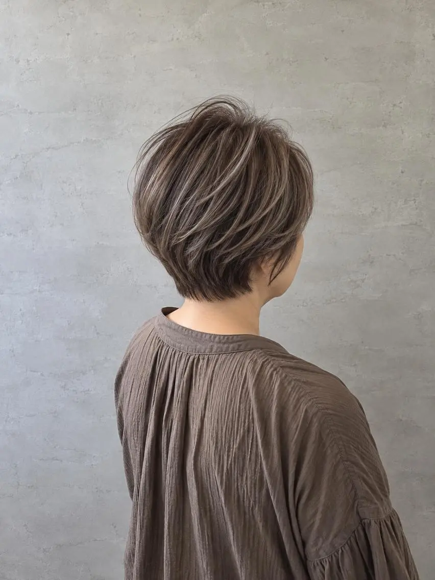 ショート カラー 丸みショート アッシュ アッシュブラウン ブラウンカラー ハイライトカラー 脇田 麗乃のヘアスタイル
