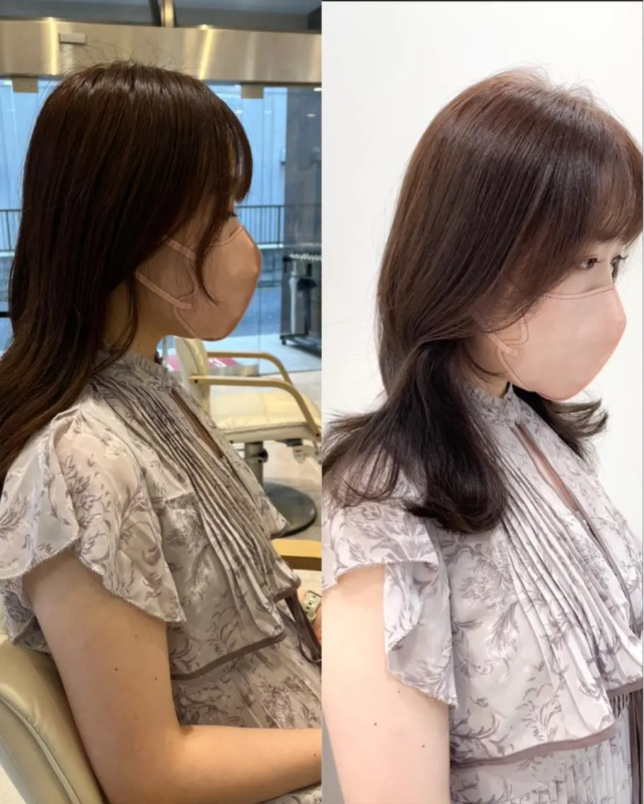 ミディアム カラー 顔周りカット カット ヘアカラー トリートメント ミタニ/髪質改善 /レイヤーカットのヘアスタイル