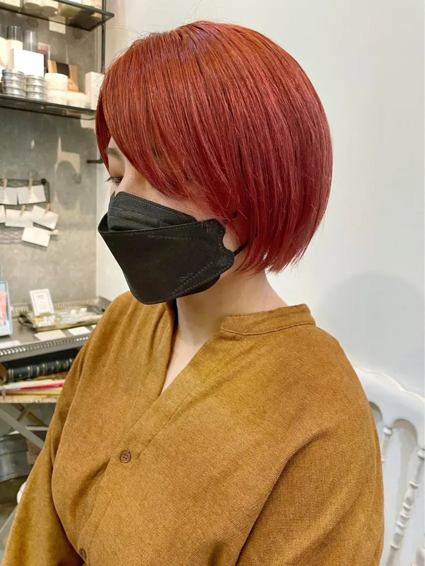 ショート カラー オレンジ ピンクカラー カット 縮毛矯正 トリートメント HIROKI ”博多 /ボブのヘアスタイル