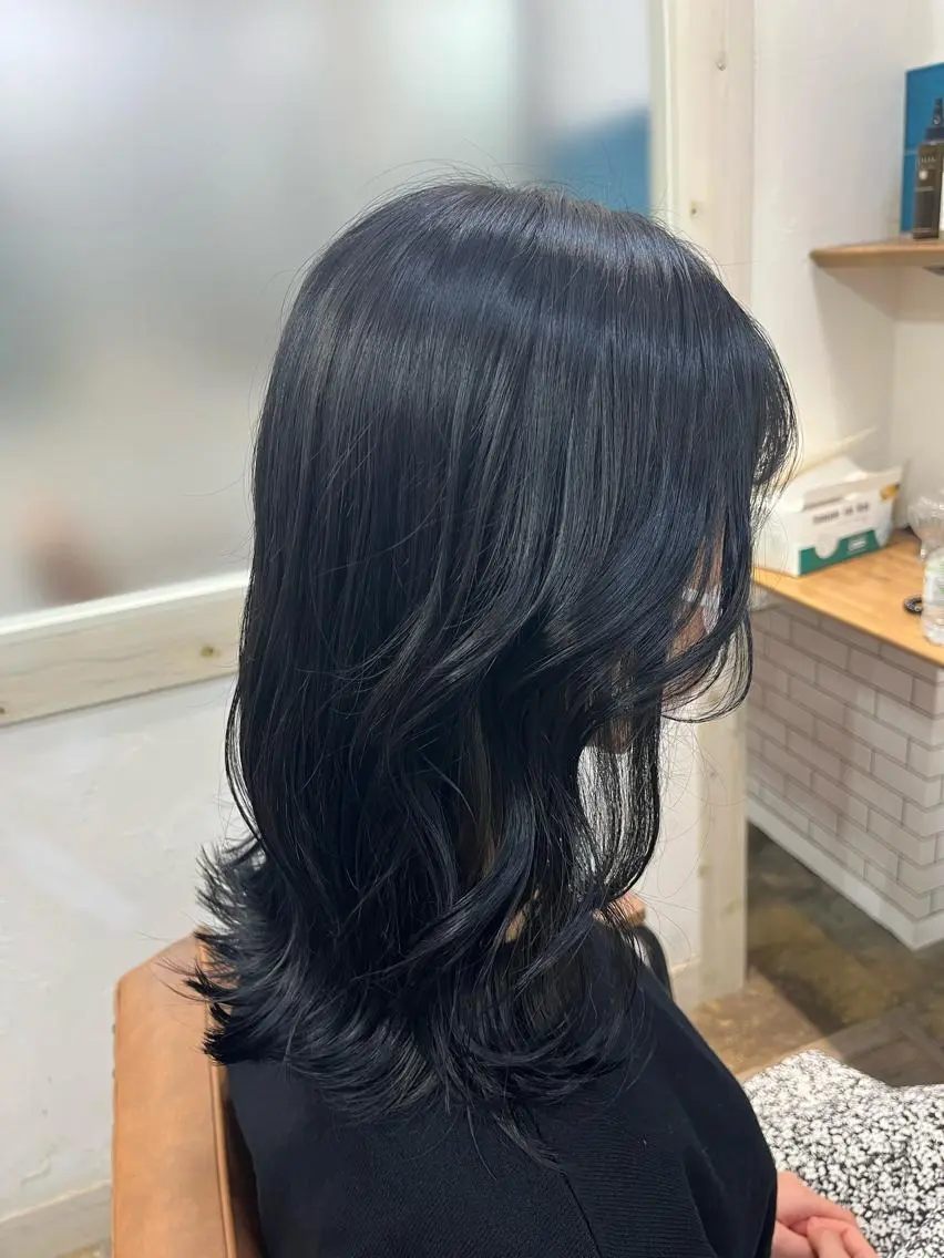 ミディアム カラー 黒髪 ブリーチ ブルーカラー ブルーブラック ブリーチなしカラー 🫧tomoka 透明感カラー🫧のヘアスタイル