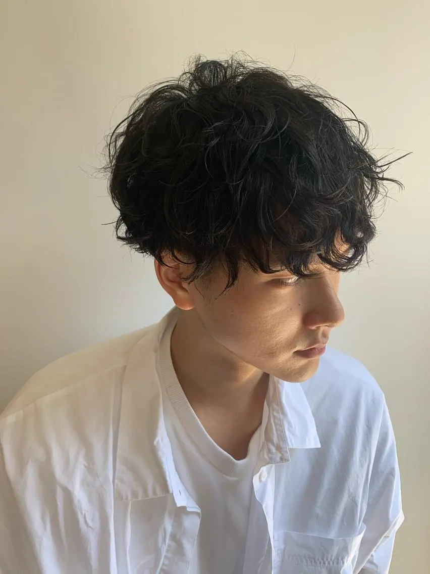 ミディアム パーマ メンズ ミディアムパーマ センターパート マッシュウルフ マッシュ メンズパーマ 三矢 ちなつのヘアスタイル