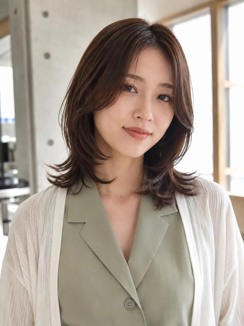 ミディアム カラー ミディアムレイヤー グレージュ 髪質改善 レイヤーカット 縮毛矯正 髪質改善/ハイライト カラー/似合わせ/涼のヘアスタイル