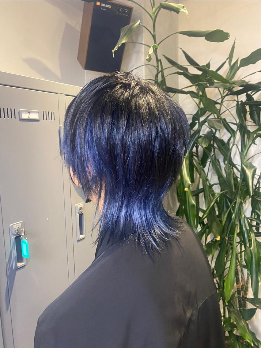 ショート カラー ヘアアレンジ メンズ メンズウルフカット 黒髪 ブルーカラー ウルフカット ヘアカラー 似合わせ/顔周り 💛Mayuka🧡のヘアスタイル