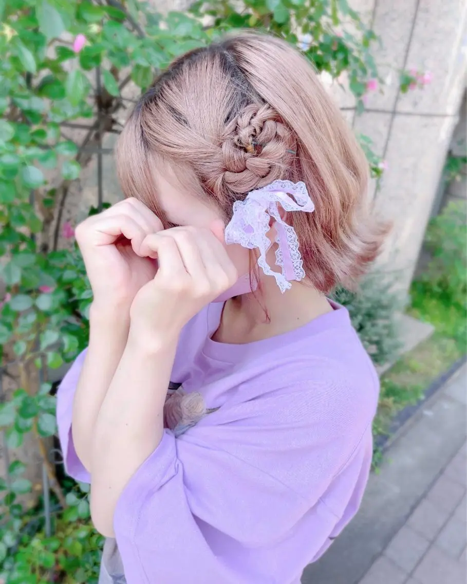 ショート ヘアアレンジ ハーフアップ ボブ ヘアセット 💖透明感カラー💖 mayukoのヘアスタイル
