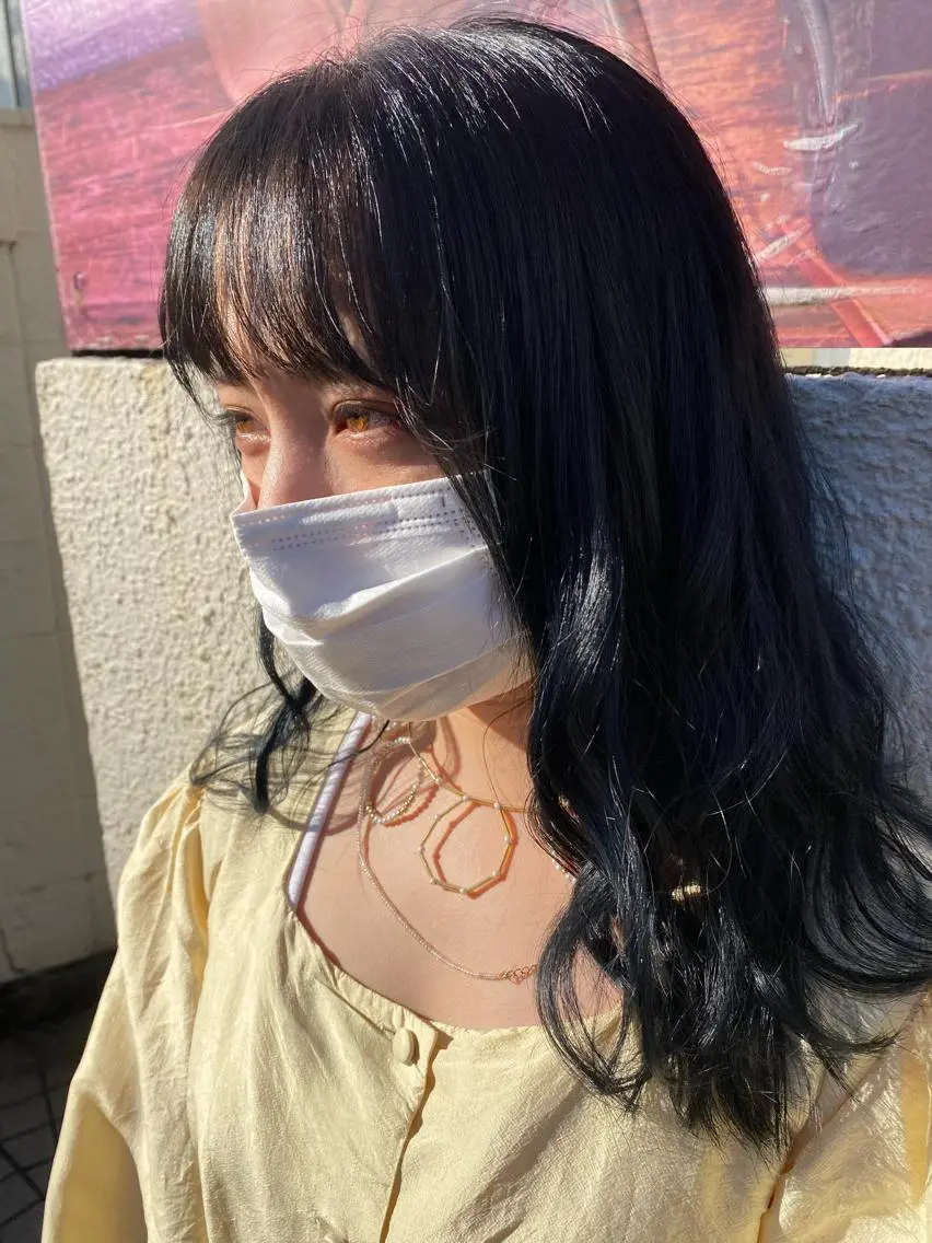 ロング カラー ヘアアレンジ 黒髪 ブルーカラー ブルーブラック 韓国風カラー 韓国風ヘア niconail 🧣ayu 📍烏山のネイルデザイン
