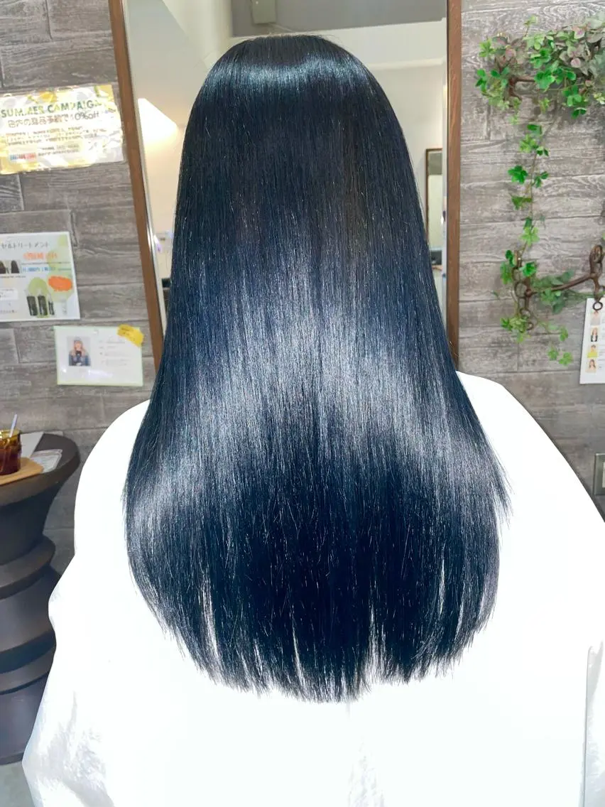 ロング カラー 黒髪 ブルーカラー ブルーブラック Spin hair 檜垣菜愛のヘアスタイル