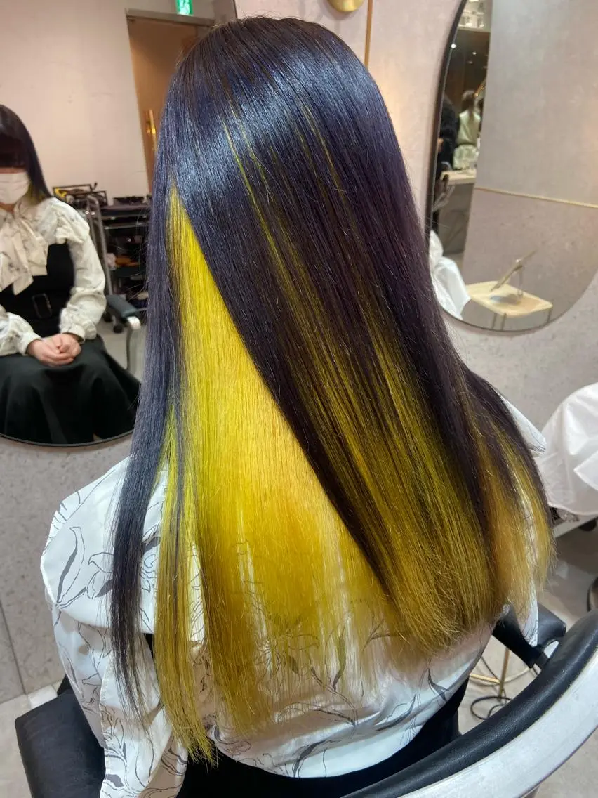 ロング カラー ブリーチ ケアブリーチ ダブルカラー インナーカラー ラベンダーカラー 新宿/韓国ヘア 中明度カラー/かやのヘアスタイル