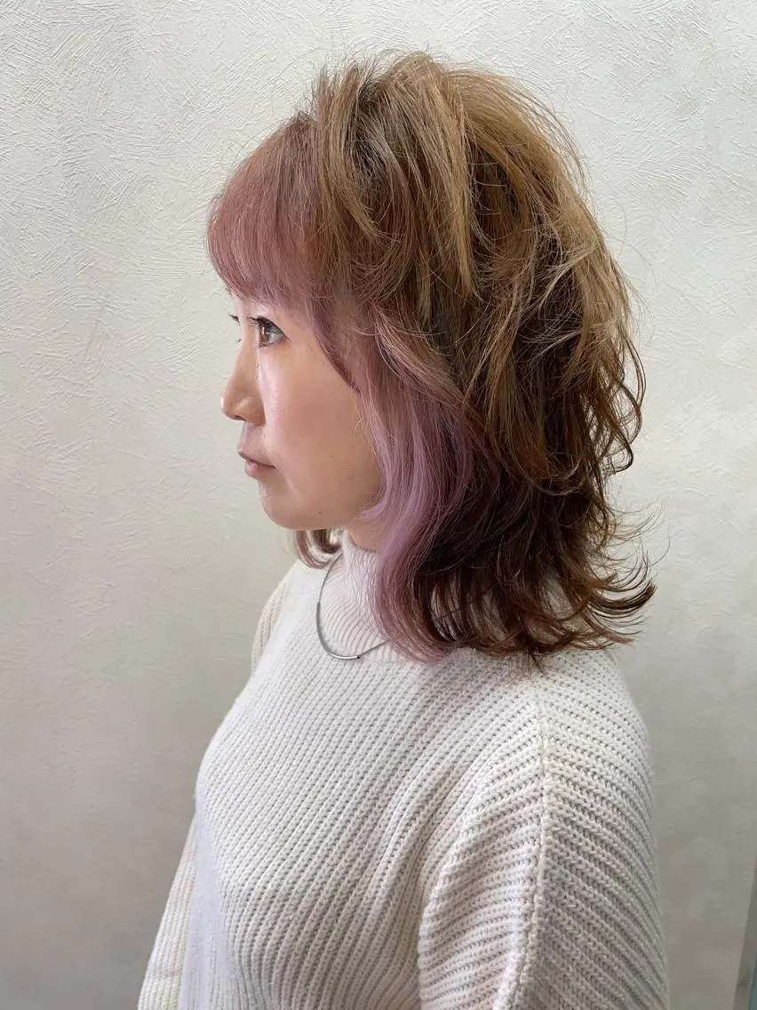 ミディアム カラー ミストバング カット ヘアカラー トリートメント 加藤 産休につき8月末までのヘアスタイル